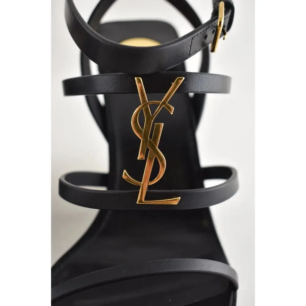 Saint Laurent YSL Logo Cassandra 90 Black Ankle Strap Wedge Sandal Heel 38.5